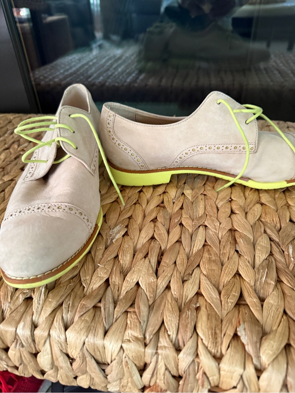 Cole Haan Beige Suede Oxfords with Neon Yellow Soles and Laces- great condition